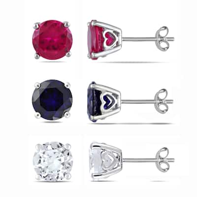 Miadora 3 PC Set 14 3/8ct TGW Created Ruby, Created Blue Sapphire and Created White Sapphire Stud Earrings Sterling Silver