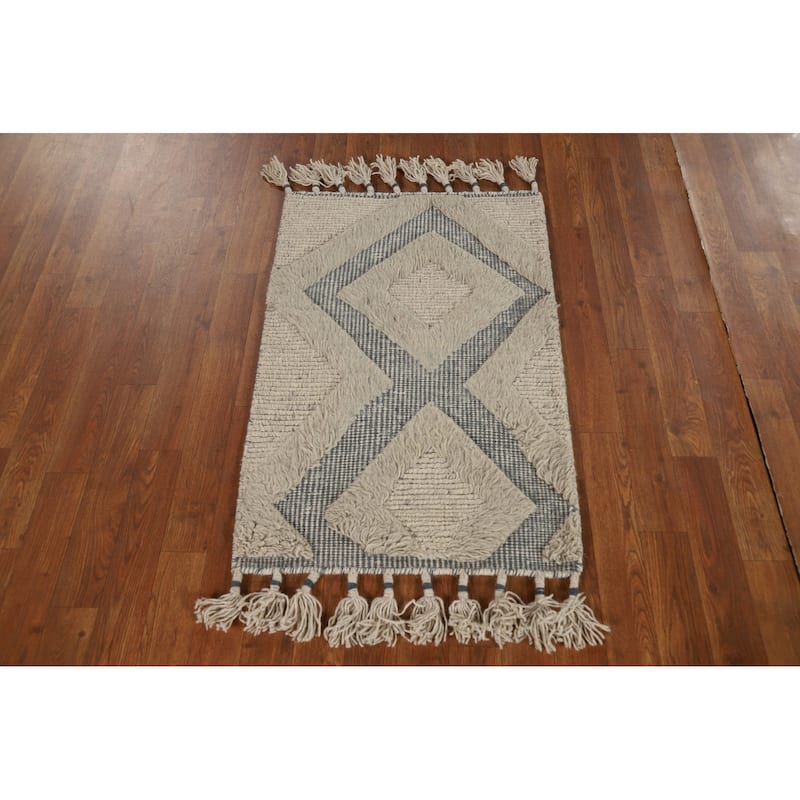 Moroccan Indian Rug Hand-Knotted Geometric Wool Carpet - 2'0"x 3'0"