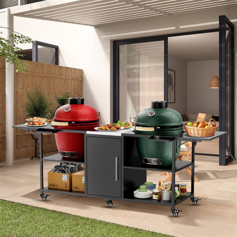 Big Green Egg Grill Cart for 2 Grills - Black+Silver