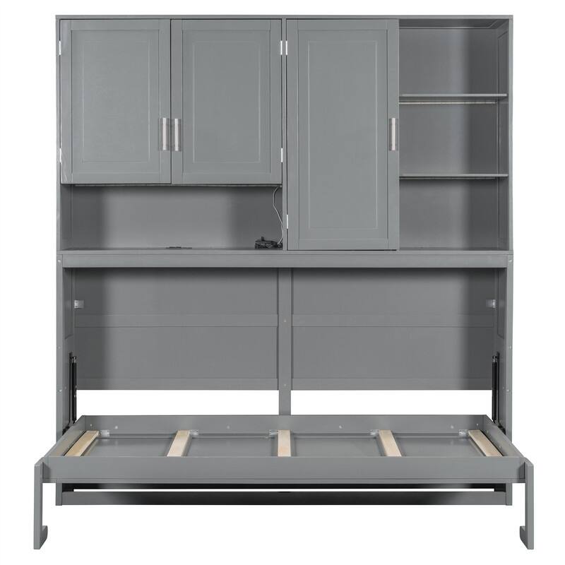 Twin Size Murphy Wall Bed with Top Cabinet and Light, Space Saving Foldable Murphy Cabinet Bed with USB Ports & Storage Shelves