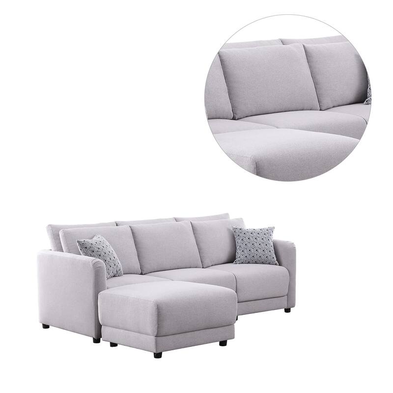 Linen Upholstered Sofa with Ottoman in Light Gray