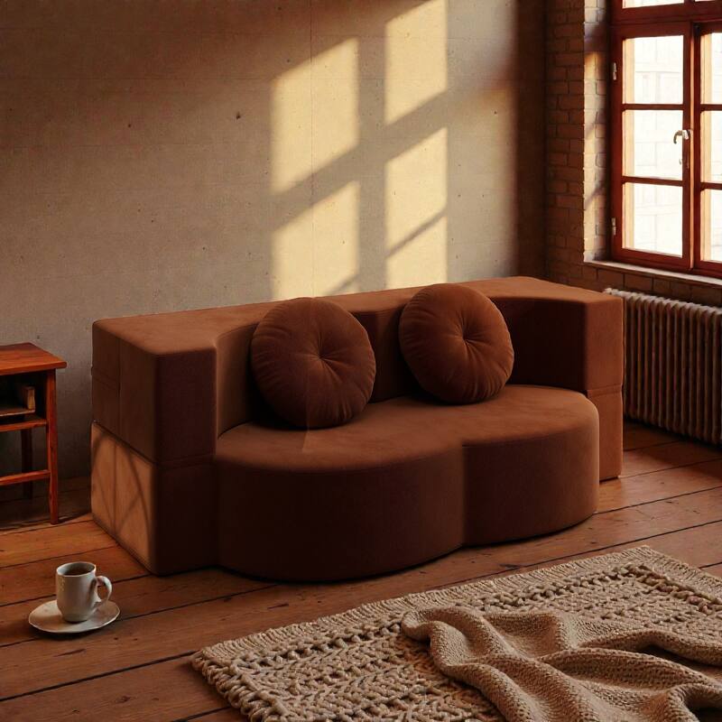 Convertible Floor Sofa Bed with 2 Pillows, Plush Corduroy Foam-Filled Folding Mattress, Full Size Sleeper, No Assembly Needed