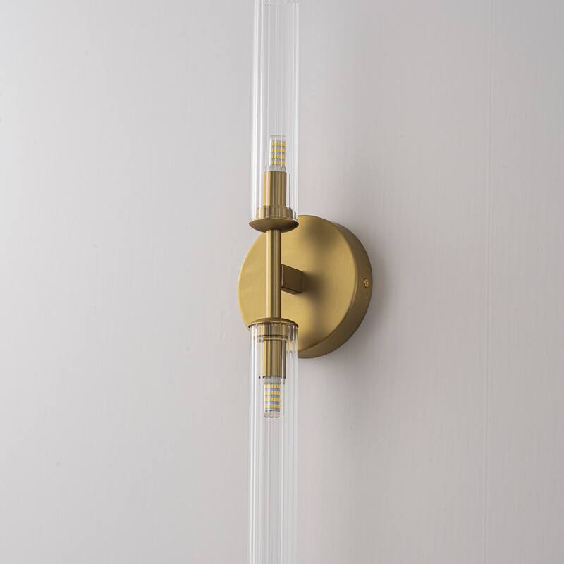 2-Light Mid-Century Modern Brushed Gold/Matte Black Finish Linear Vanity Light with Clear Striped Glass for Bathroom