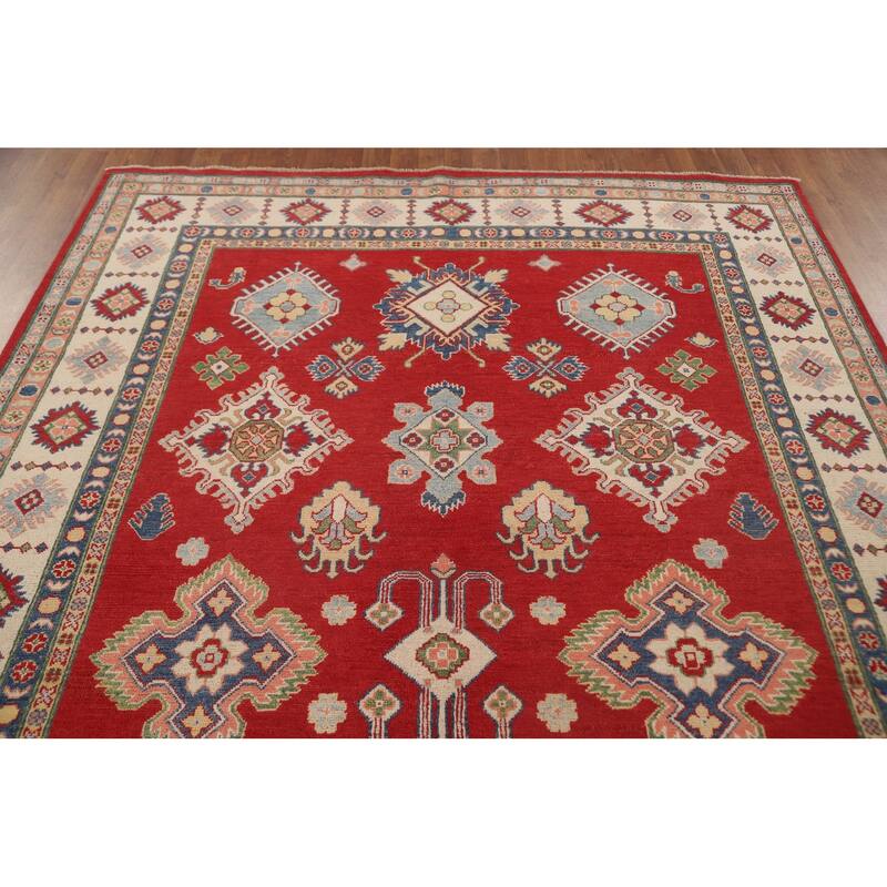 Red Geometric Kazak Living Room Area Rug Handmade Wool Carpet - 6'7" x 9'11"