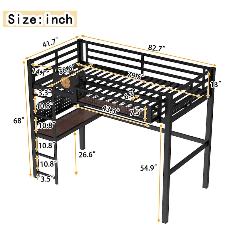 Metal Loft Bed with Desk & Storage Basket, Includes Alarm Clock & Charging Port, Queen/Full/Twin XL