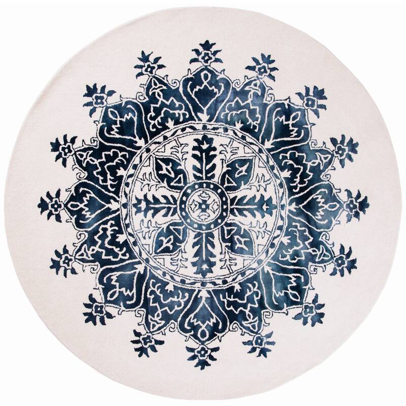 SAFAVIEH Handmade Dip Dye Katjusha Vintage Boho Wool Rug - 7' Round - Ivory/Blue
