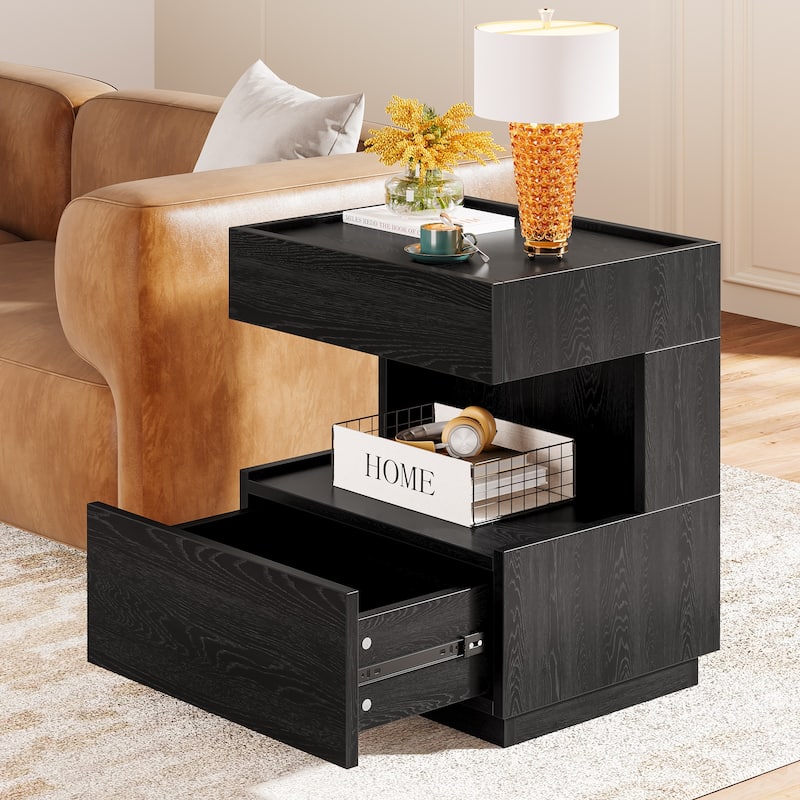 Modern LED Black Nightstand Wood Bedside End Table with 2 Drawers