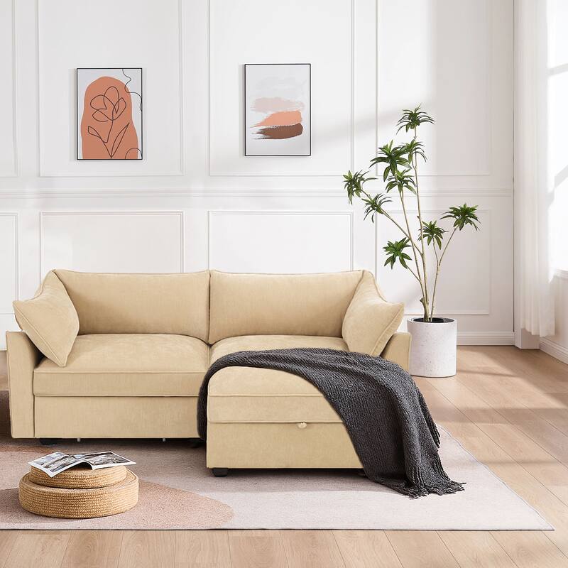 Chenille Fabric Upholstered Sectional Sofa with Under-Seat Drawers and Storage Ottoman - Wheat—2 Seat with an Ottoman
