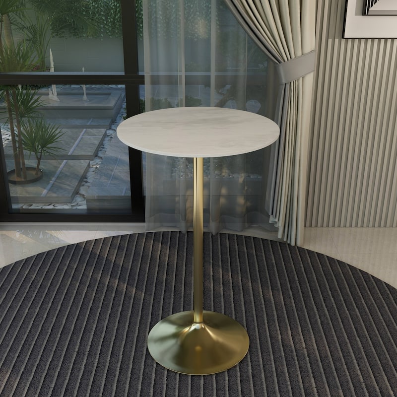 LeisureMod Verve Round Bar Dining Table with White Resin TableTop and Gold Steel Base for Kitchen & Dining Room