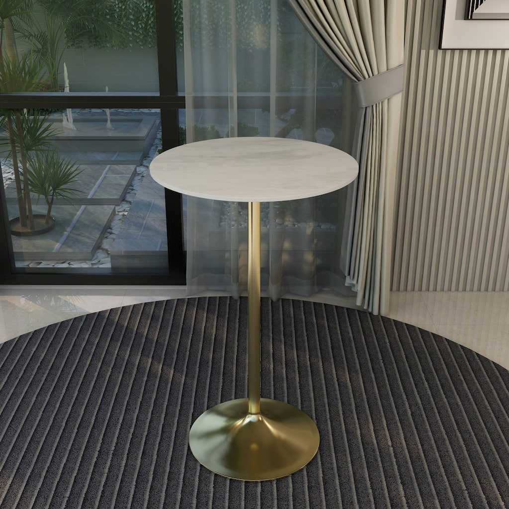LeisureMod Verve Round Bar Dining Table with White Resin TableTop and Gold Steel Base for Kitchen & Dining Room
