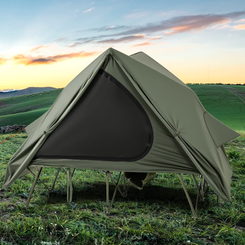 Green Oxford Cloth Metal 2-Person Camping Tent Cot Combo with Rainfly and Wheeled Bag - 80" x 51" x 64"