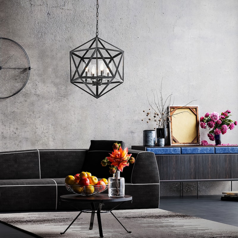 Antique Black 4-Light Geometric Cage Chandelier