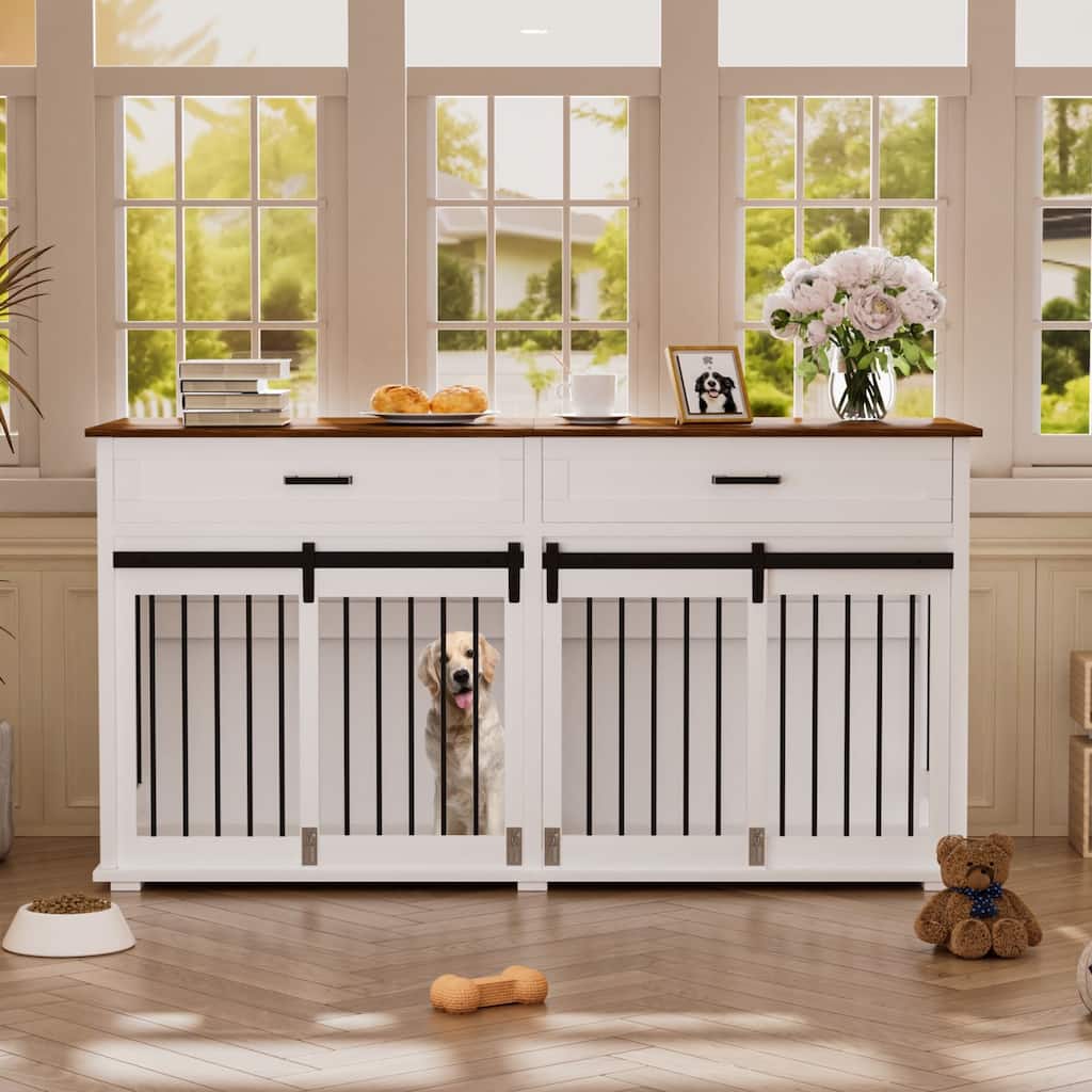 VEIKOUS Double Wooden Dog Cage Table, Large Dog Crate with 2 Large Drawers & Safety Locks - 5'×2'