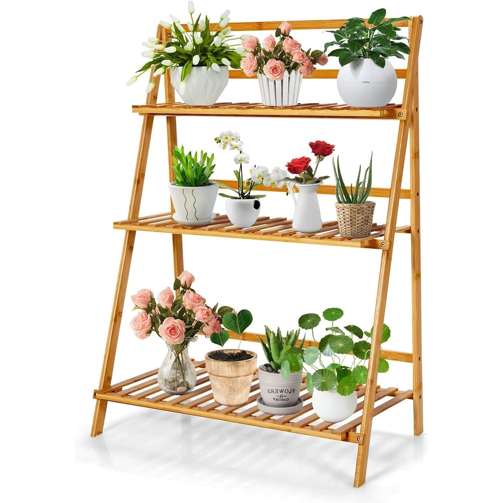 Bamboo Plant Stand, Foldable Multifunctional Flower Display Ladder Shelf, 3-Tier Storage Rack