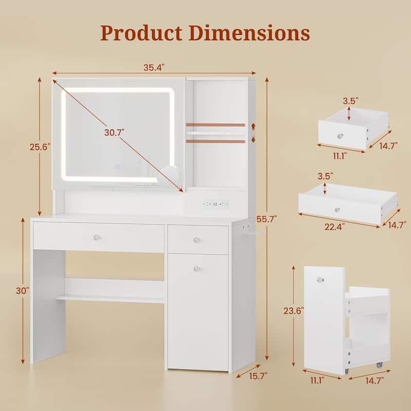 Vanity Desk with Mirror and Lights Power Outlet Drawers 3 Light Modes
