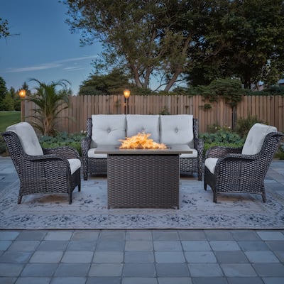Fire Pit Table with Wicker Sofa Chair Set - Brown