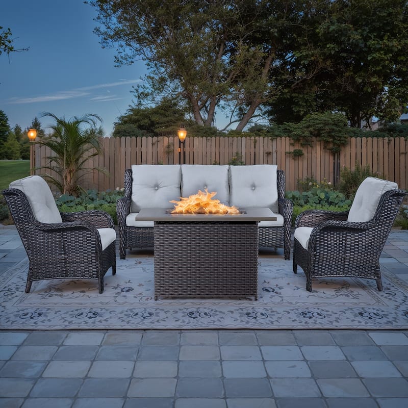 Outdoor Sofa Couch with 41" Fire Pit Table - Beige - Brown