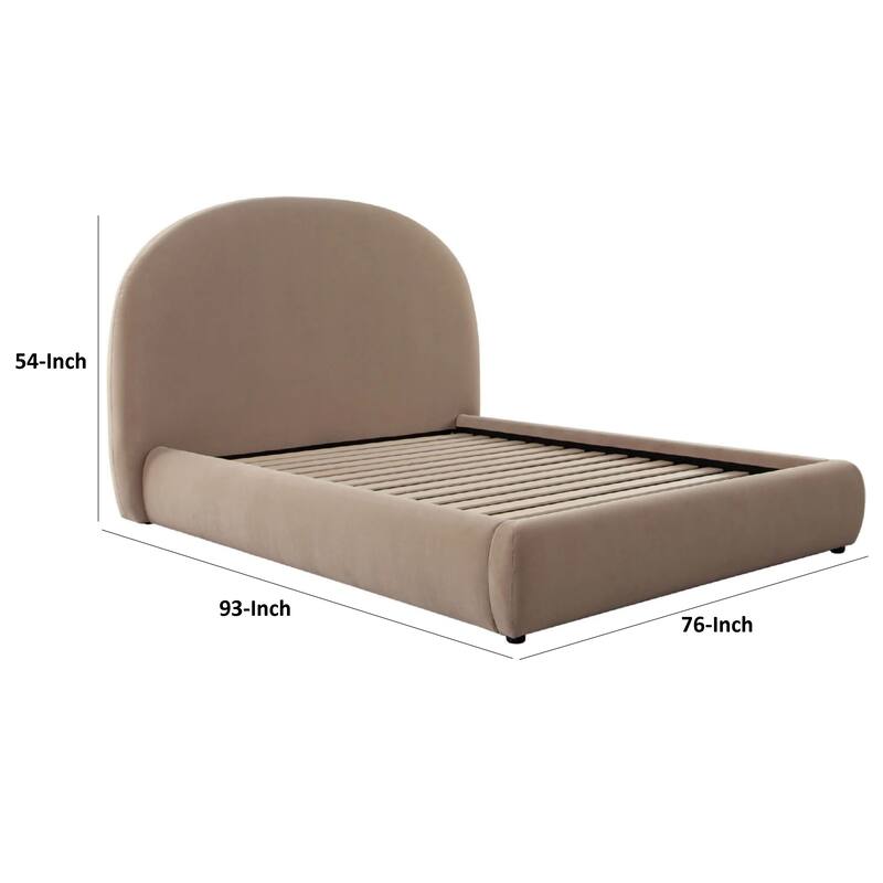 Feny Queen Size Bed w Arch Headboard, Camel Brown Velvet Upholstery