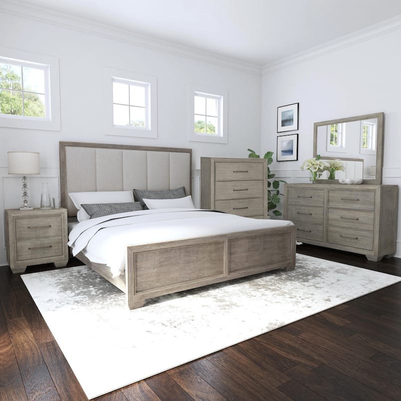 Roundhill Furniture Ennesley Gray Wood Bedroom Set with Upholstered Panel Bed, Dresser, Mirror, Nightstand, and Chest - Queen