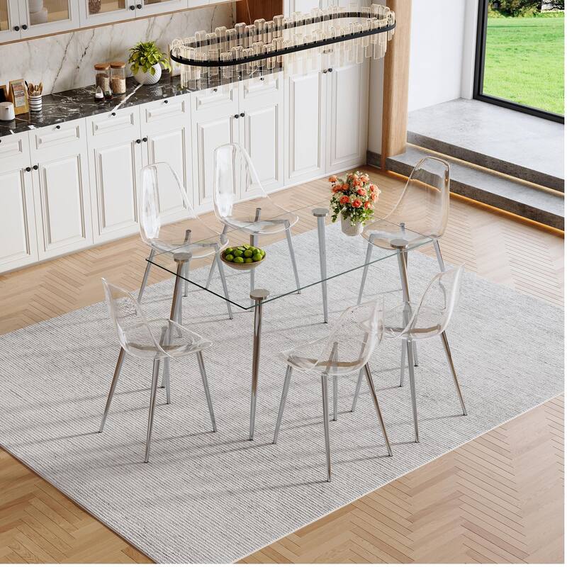 Modern Luxurious Rectangular Tempered Glass Dining Table Set- with 6 Transparent Plastic Dining Chair