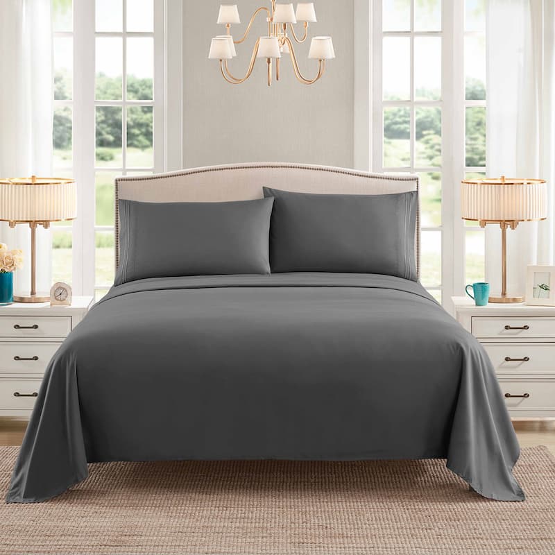 Embroidered 4-piece Bed Sheet Set - Full - Grey