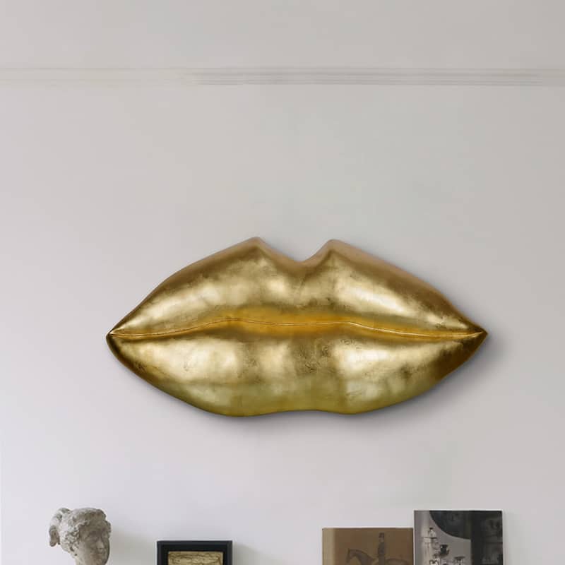 KISS KISS Wall ART - Polyresin Golden Lip Sculpture