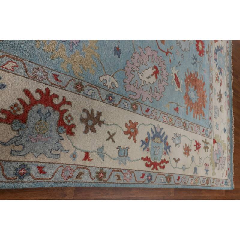 Light Blue Floral Oushak Oriental Large Rug Hand-Knotted Wool Carpet - 10'1" x 13'9"