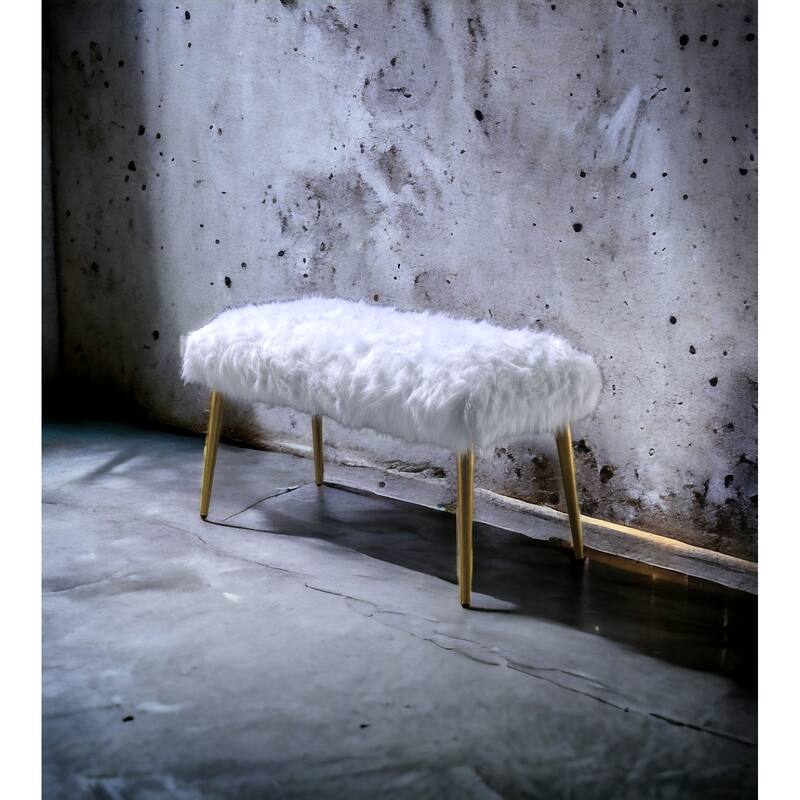 White Faux Fur and Gold Finish Bench - White