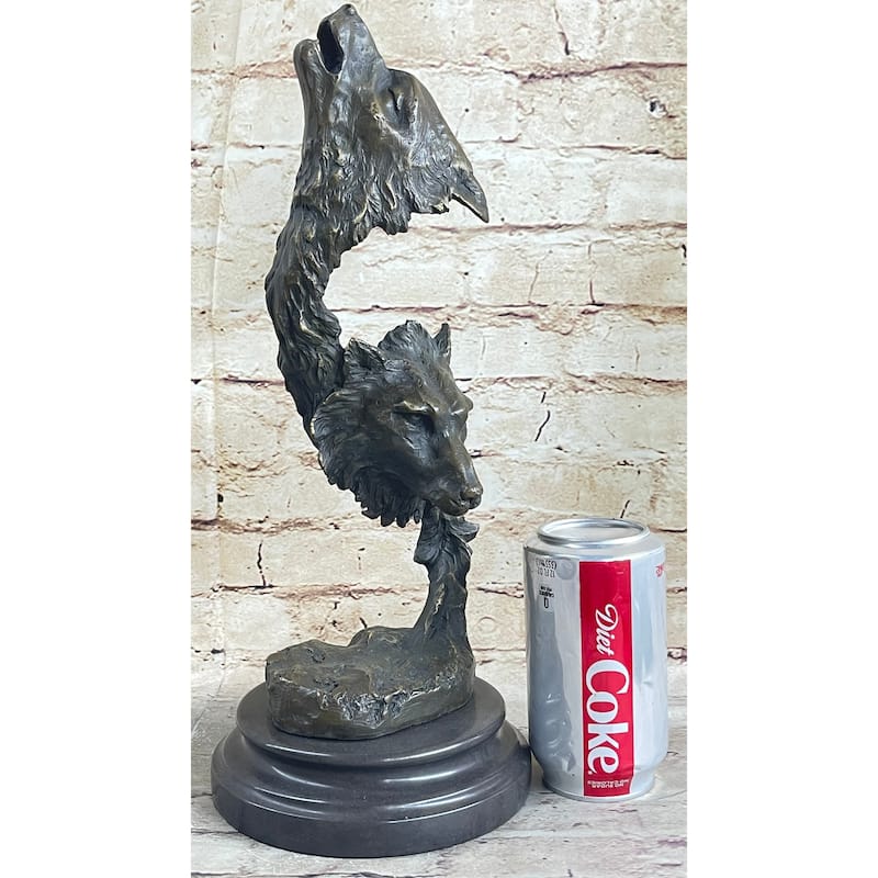 Signed Original Kanaev Two Wolves Imitative Wolf Head Wildlife Bust Bronze Sculpture Gift