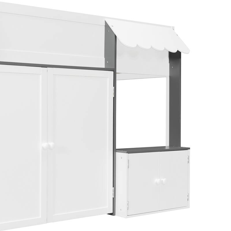 Roomfitters Full Loft House Bed with Playhouse and Storage Cabinets, Modern Wood Cabin Sleeper