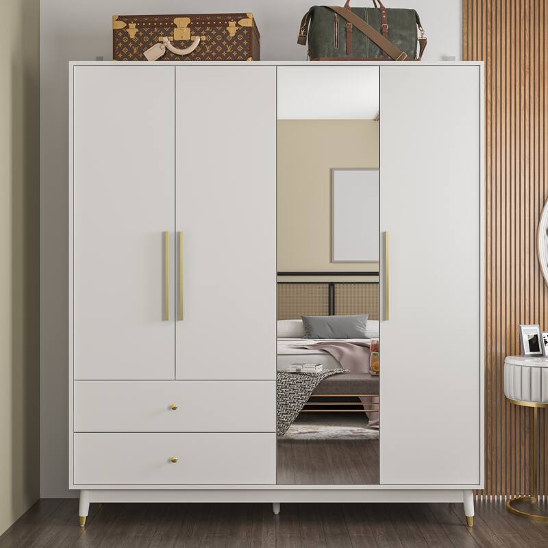 Wooden 2 Drawers 4 Doors Wardrobe Armoire With Mirror (Gray/Black)