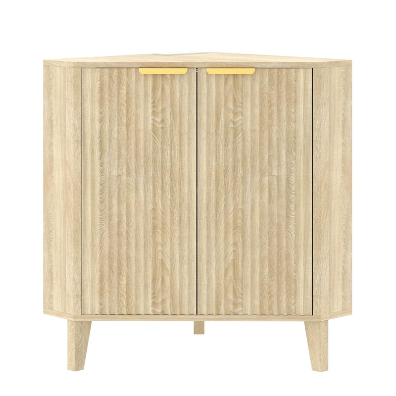 EROMMY Fluted Wood Corner Storage Cabinet with Power Strip, Adjustable Shelf, Small Space Corner Unit