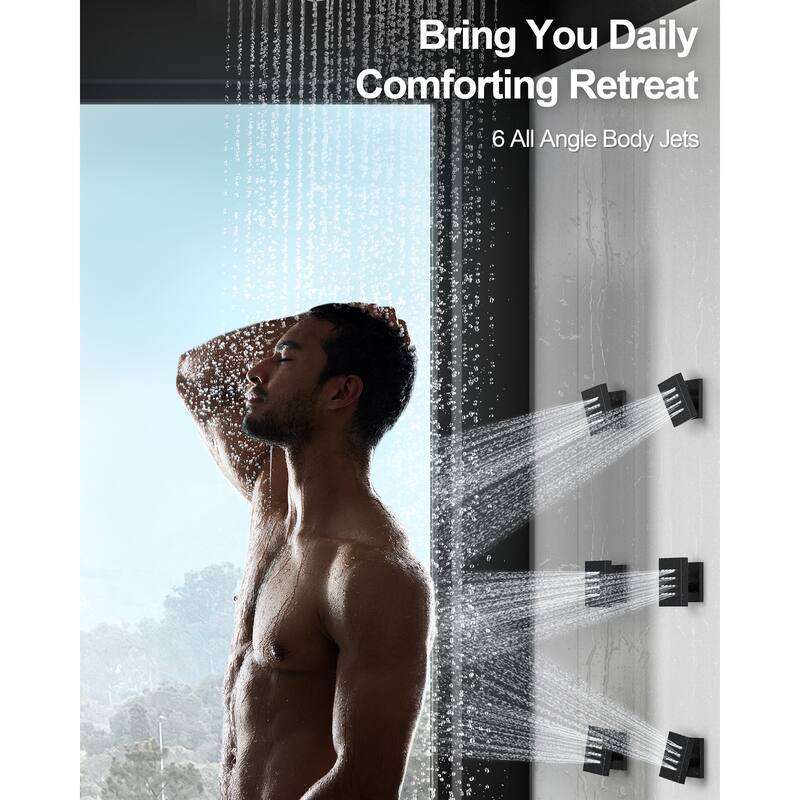 GRANDJOY Thermostatic Shower System 12 inch Ceiling Mount Shower Head 6 Body Jets Handheld Spray with Hose High Pressure