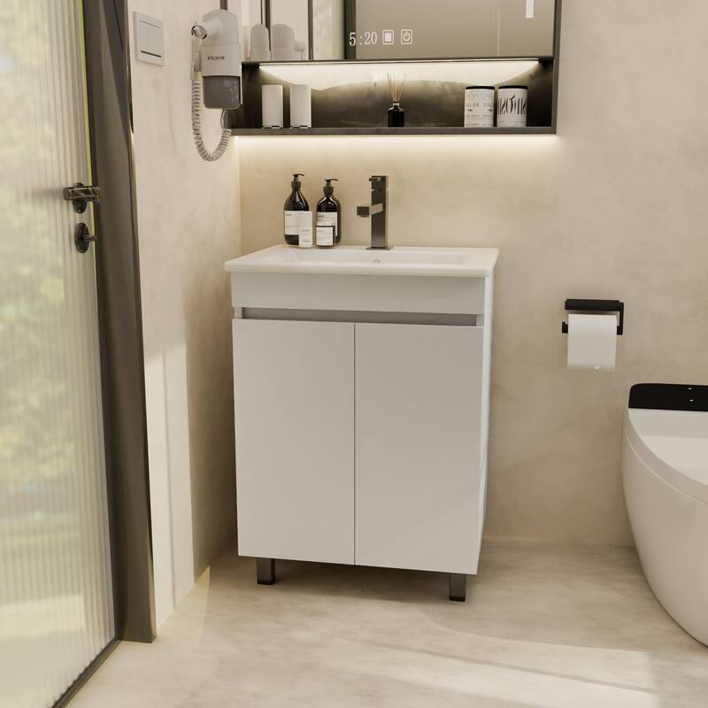 24" Freestanding Storage Bathroom Vanity with Sink for Small Space - Beige+White