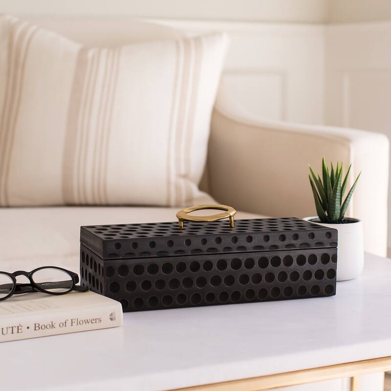 Sculptural Decorative Box with Lid and Gold Accent Handle - 7" - Black - 18.0"