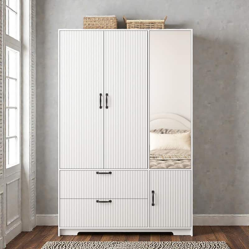 4 Door Wardrobe Closet with Mirror and LED Light, Wooden Wardrobe Cabinet with 2 Drawers Hanging Rod and Shelves - White