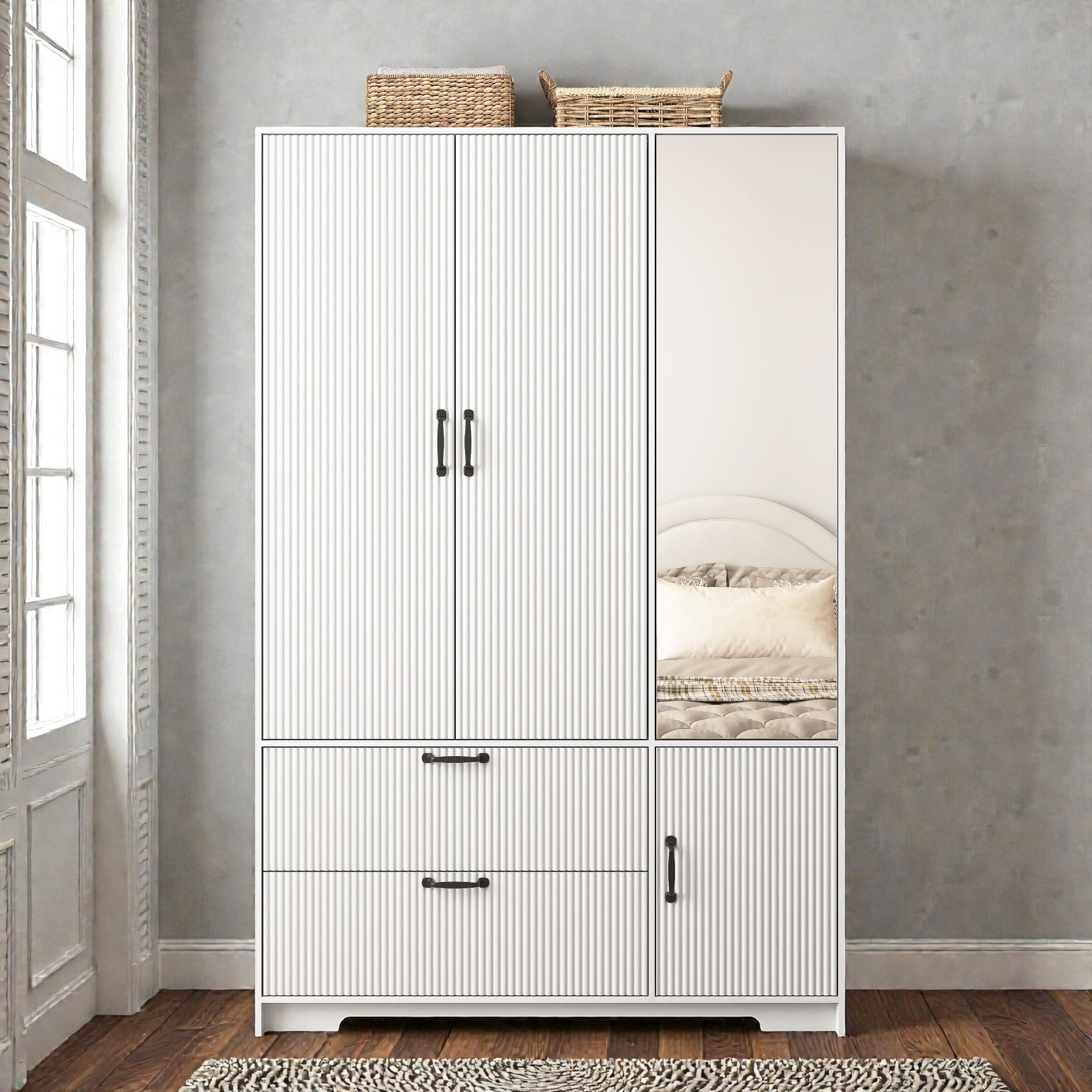 4 Door Wardrobe Closet with Mirror and LED Light, Wooden Wardrobe Cabinet with 2 Drawers Hanging Rod and Shelves
