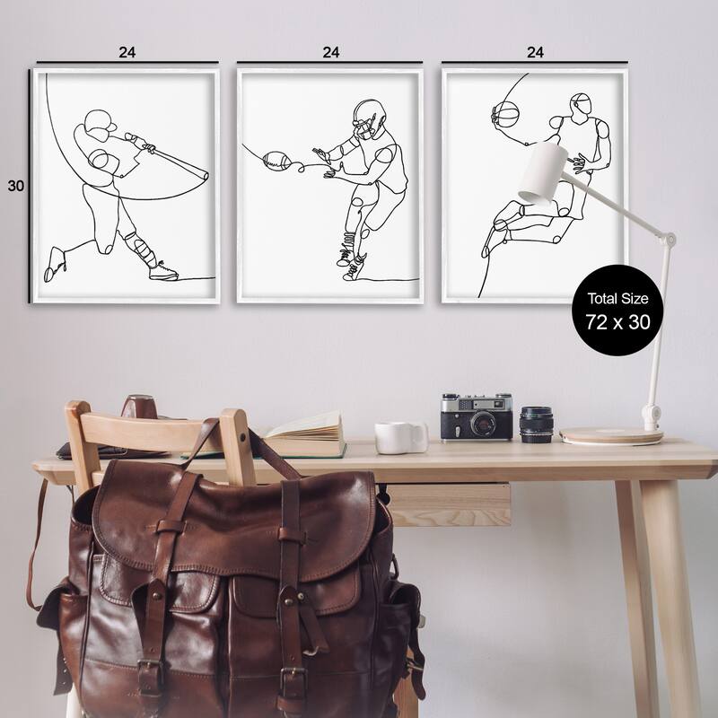Stupell Simple Line Doodle People Playing Sports Baseball Football Basketball Framed 3 Piece Wall Art - Black