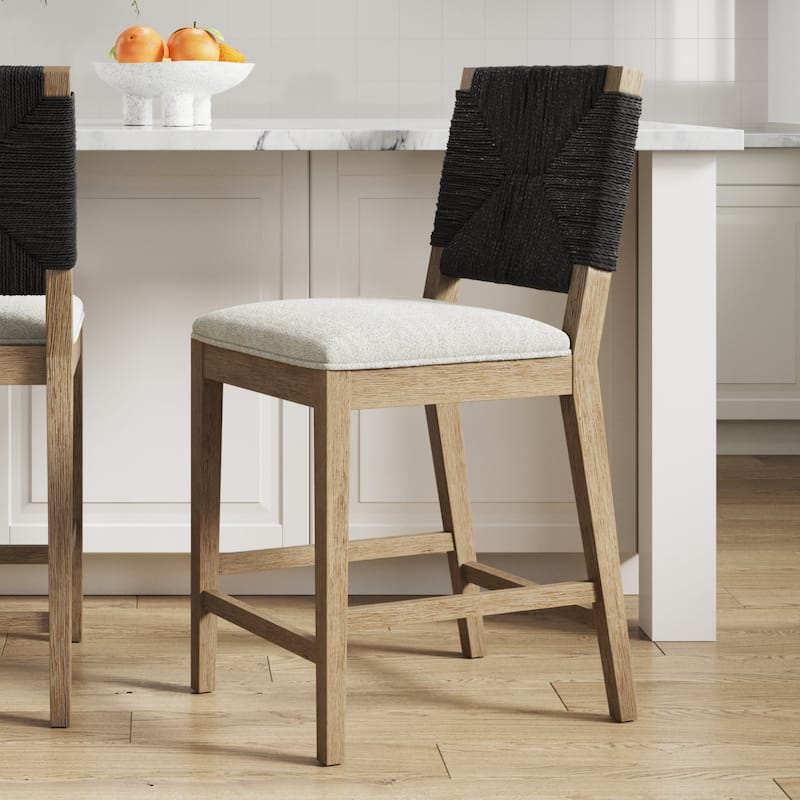 Beacon Bohemian Boucle Bar Stool, Upholstered Counter Height Chair with Solid Wood Frame and Woven Seagrass Back - Single - Cream Boucle/Black/Gray Mahogany - Counter Height