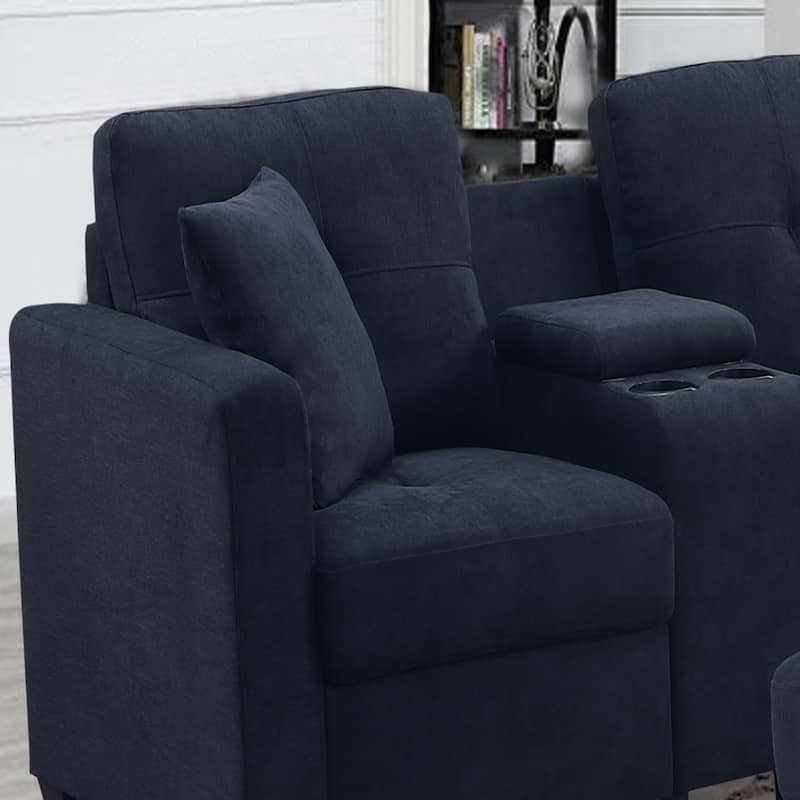 Dark Blue Sectional Sofa, Solid Wood Frame, Microfiber, Cup Holders