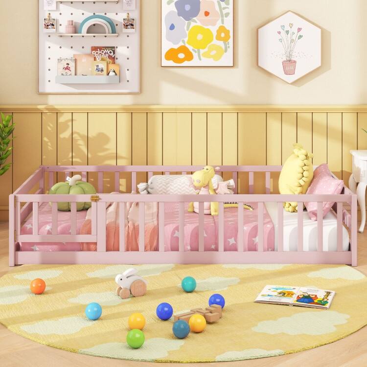 Twin Size Kids Wood Montessori Floor Bed with Door and Fence