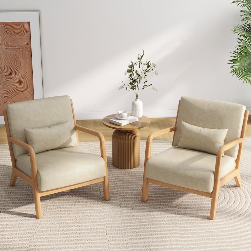 2 Set Mid Century ModernUpholstered Accent Chairs Armchair with Pillow - Natural Wood - Cream & PU & Side Frame