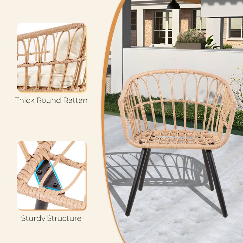 5-Piece Outdoor Table Chairs Set with Ottoman Patio Bistro Set with 2 Rattan Arm Chairs and Round Coffee Table