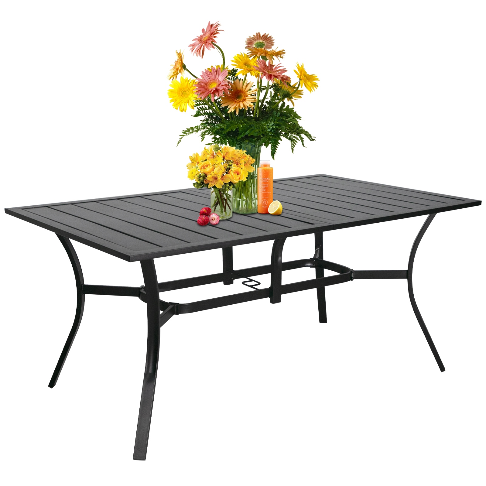 60 x 37 Outdoor Patio Rectangular Metal Slatted Dining Table with Umbrella Hole for 6 Person Bed Bath Beyond 38201224