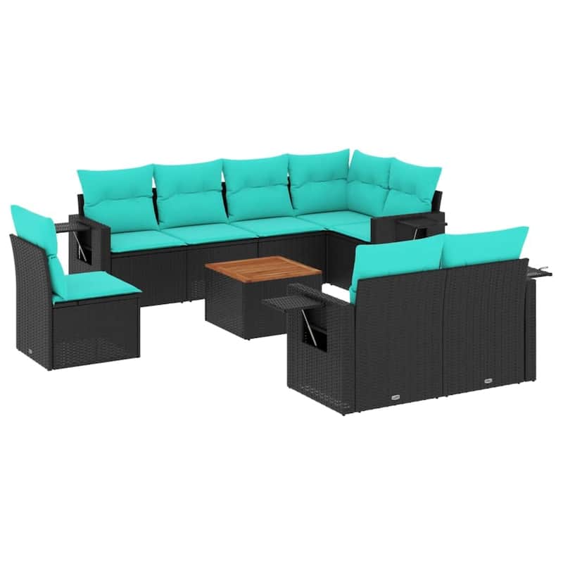 vidaXL 9 Piece Patio Sofa Set with Cushions Black Poly Rattan - 24.4 x 24.4 x 27.2
