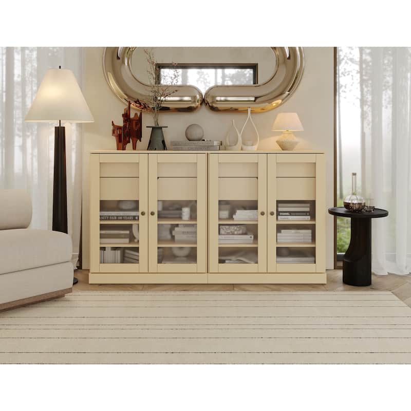 Palace Imports 100% Solid Wood 64" Sideboard with Frosted Glass Doors, 4-Drawers and Adjustable Shelves - Yellow