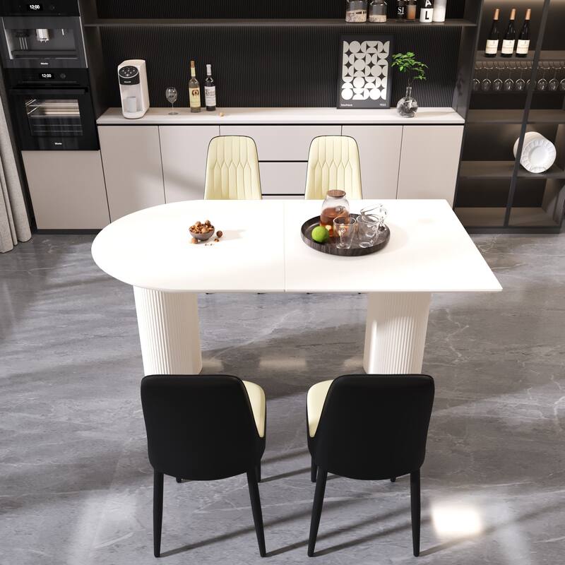5-Piece Dining Cream MDF Table and 4 Ergonomic PU Chairs Set with for Dinners and Gatherings - Black-Cream