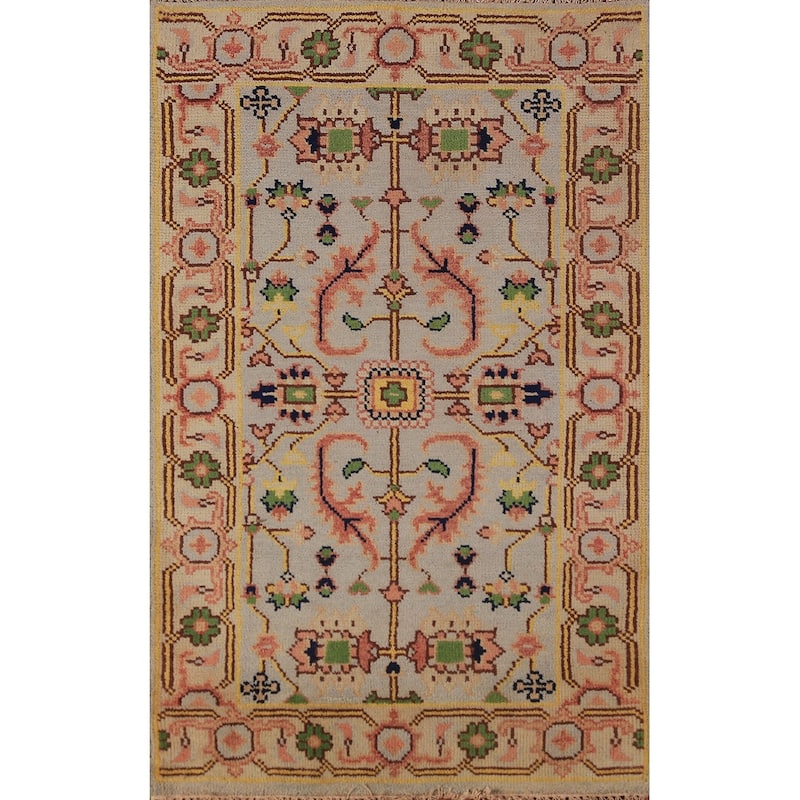 Transitional Beige Oushak Indian Foyer Rug Hand-Knotted Wool Carpet - 2'11"x 5'0"