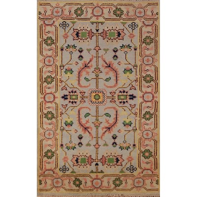 Transitional Beige Oushak Indian Foyer Rug Hand-Knotted Wool Carpet - 2'11"x 5'0"