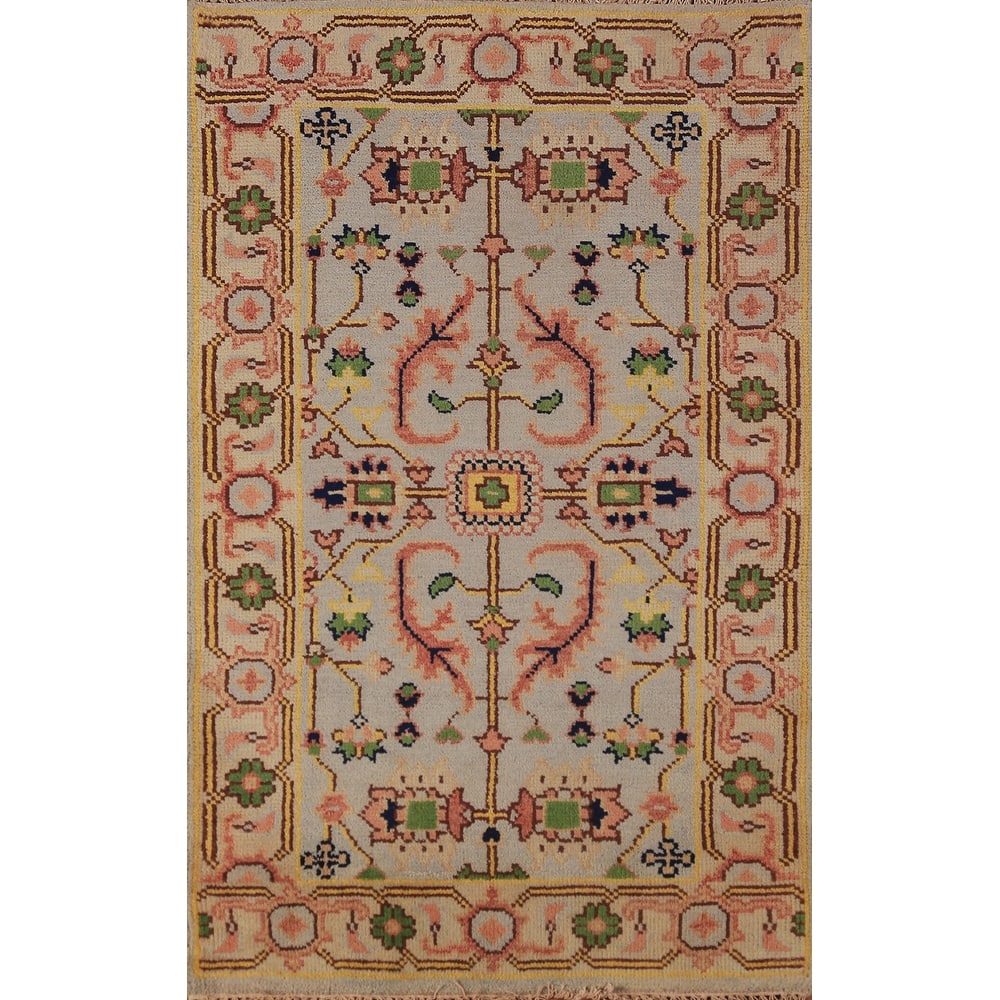 Transitional Beige Oushak Indian Foyer Rug Hand-Knotted Wool Carpet - 2'11"x 5'0"
